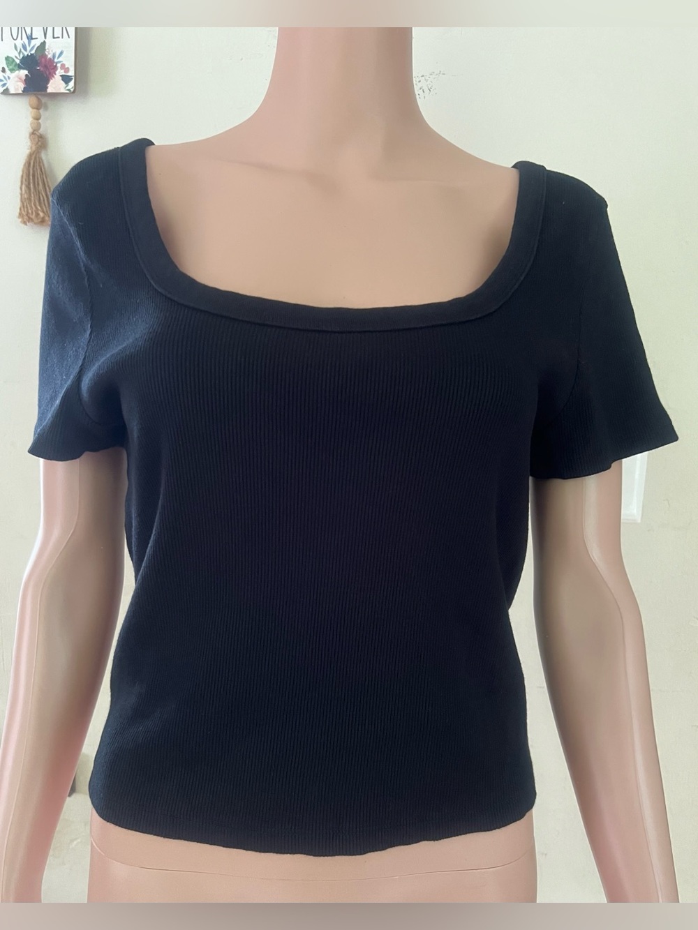 Universal Thread Black Square Neck Short Sleeve Ribbed Top